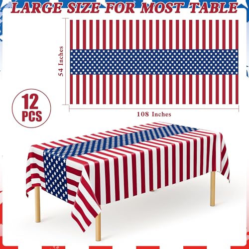 Image of QZYL 12 Pack Plastic 4th of July Tablecloths, Red White Blue Party Supplies | 108 X 54 In 4th of July Decorations, American Flag Tablecovers, Waterproof Disposable Patriotic Party Favors for Memorial Day