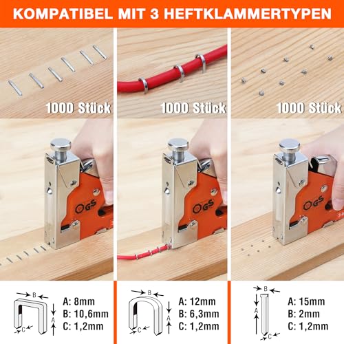 ValueMax 3-in-1 Handtacker Set mit 3000 Klammern -TÜV GS geprüft- Profi Tacker für Holz, Typ 140/28/8 leistungsstarker Tackerpistole mit einstellbarer Schusskraft für Dekoration, Möbel