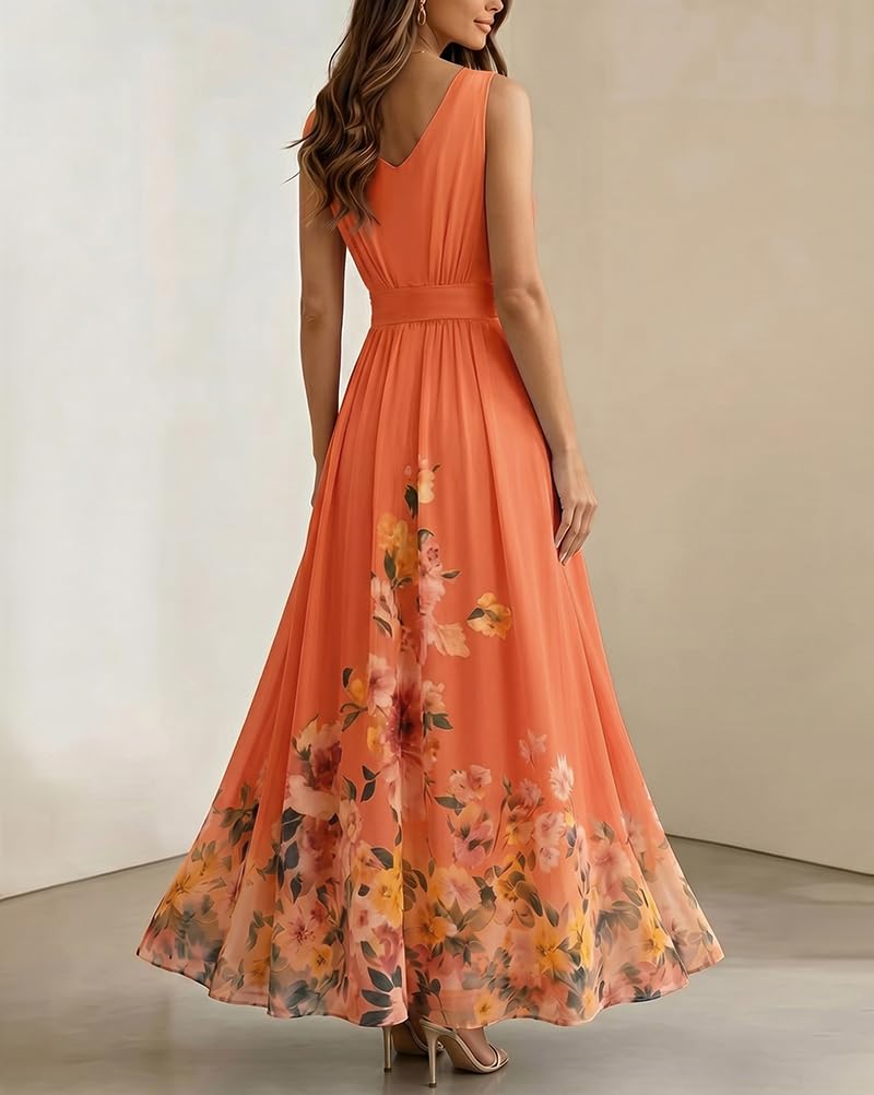 shownicer Robe Femme Chic Et Elegant Col en V sans Manche Robe Longue Imprimé Fleurs Robes De Ceremonie Printemps Été