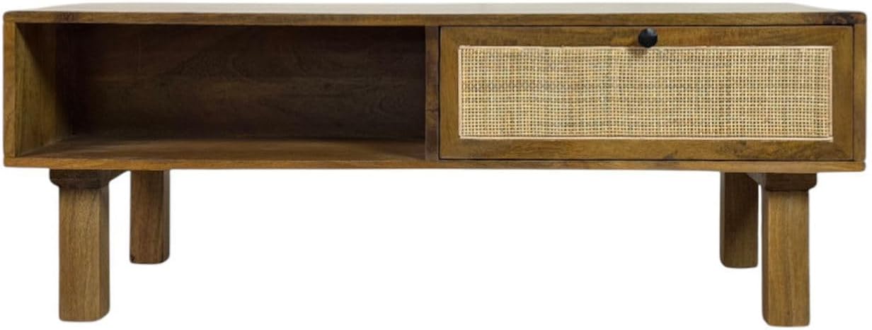 Carolina Chair & Table Haven Acacia Wood Coffee Table with Dual Storage Compartments - Rectangular Blonde Finish, Cane Trim Drawer, Open Cubby Table - Preassembled Modern Living Room Furniture