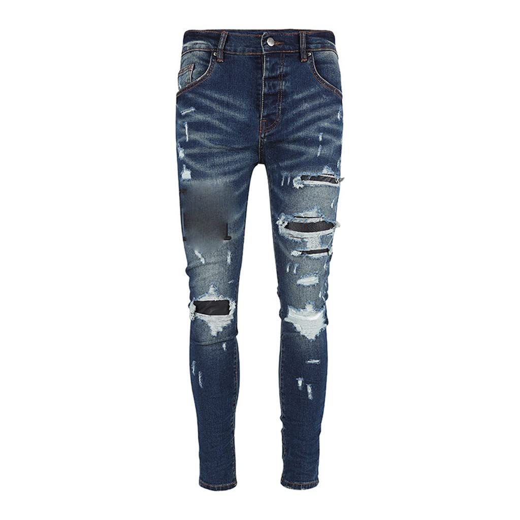 JSEIAJB Mens Jeans Black Letter Patchwork Ripped Casual Slim Small Feet Denim Pants