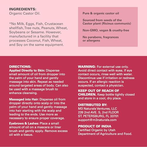 Image of 100% Pure Organic Castor Oil for Hair, Lash and Eyebrow Growth, Lymphatic Drainage and Skin Hydration | Hexane-Free, Cold Pressed, Unrefined in a 4 fl oz Glass Bottle with Dropper by M3