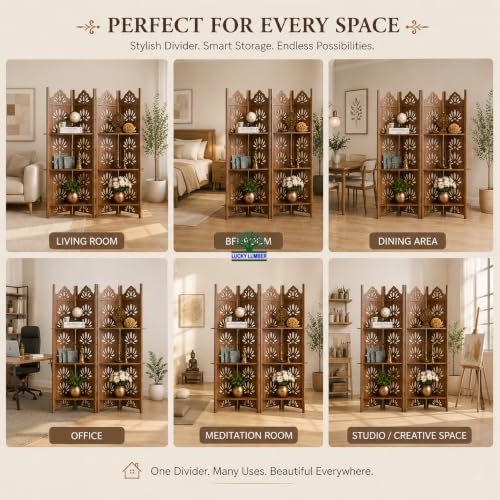 Image of Wooden Room Divider Partition with Display Shelves for Living Room | Foldable 4 Panel Decorative Privacy Screen Separator for Home, Office & Bedroom | (Natural with Shelves)