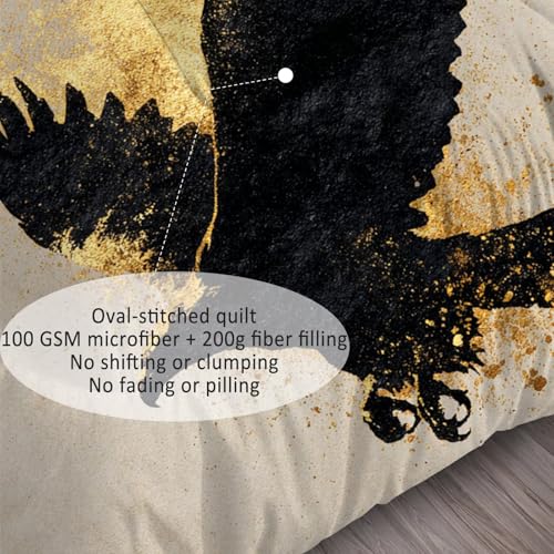 Image of Wildlife Eagle Comforter Set Queen Size Black and Gold Wild Animal Bedding Sets for Kids Teens Boys Men Adults Bedroom Abstract Art Quilt 1 Comforter 2 Pillowcases