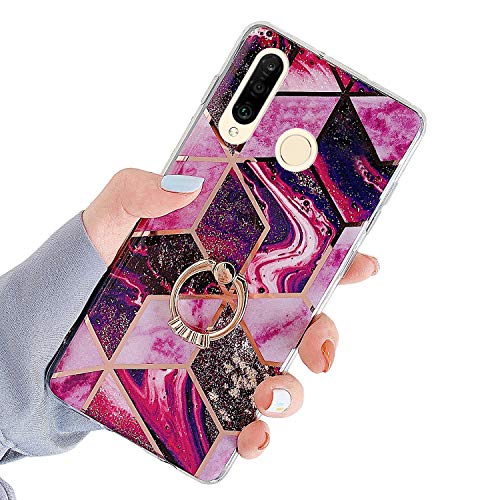 Robinsoni Case Compatible with Huawei Nova 4e Cover Silicone TPU Case Mirror Reflection Marble Case with Ring Colorful Kickstand Cover Ultra Thin Silicone Bumper Case Marble Ring Case Red