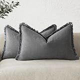 Foindtower Set of 2 Decorative Linen Fringe Lumbar Throw Pillow Covers Boho Farmhouse Cushion Cover with Tassels Soft Accent Pillowcase for Couch Sofa Bed Living Room Home Decor,12×20 Inch,Gray