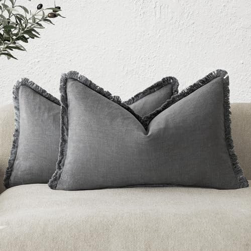 Image of Foindtower Set of 2 Decorative Linen Fringe Throw Pillow Covers Boho Farmhouse Cushion Cover with Tassels Lumbar Accent Pillowcase for Couch Bed Sofa Living Room Home Bedroom Decor,12x24 Inch,Gray