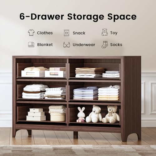 Image of Fluted 6 Drawer Dresser for Bedroom, 48'' Wide Wooden Chest of Drawers with Metal Handles, Modern Dresser TV Stand, Wood Clothing Storage Organizer for Bedroom, Living Room, Walnut