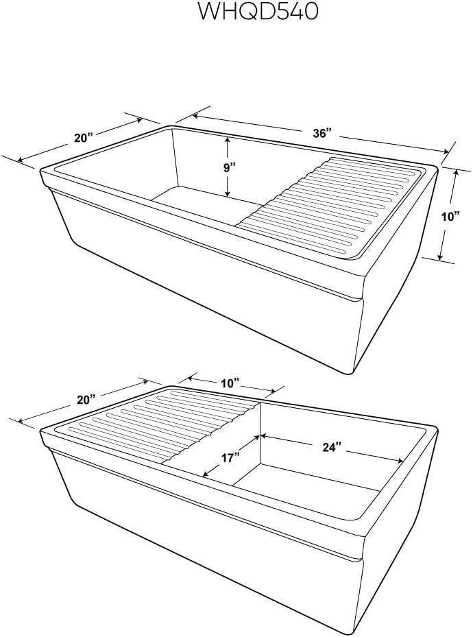 Whitehaus WHQD540-White Farmhaus Fireclay Quatro Alcove Large Reversible Sink with Integral Drainboard and Decorative 2 ½" Lip on Both Sides