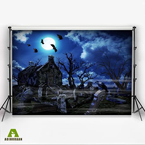 Aoihrraan 2,7x1,8m Halloween Graveyard Backdrop Tombstone Full Moon Bats Midnight Gloomy Cemetery Photography Background Horrible Theme Party Decor Supplies Kids Adults Portrait Photo Studio Props - Image 3