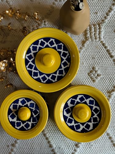 Image of Niyara Premium Handcrafted Ceramic Casserole /Donga Set with Lids | Serving Bowls for Hot Food | Microwave & Dishwasher Safe | Set of 3 (1000ML, 650ML, 550ML) | Moroccan Yellow