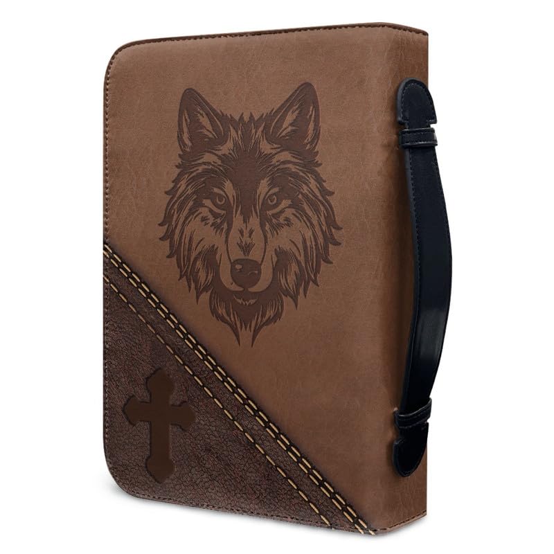 Kuiaobaty Brown Book Cover PU Leather Zipper Notebook Case with Pen Pocket, Lord Quotes Bible Case with Handle Inside Pocket, Wolf - Image 3