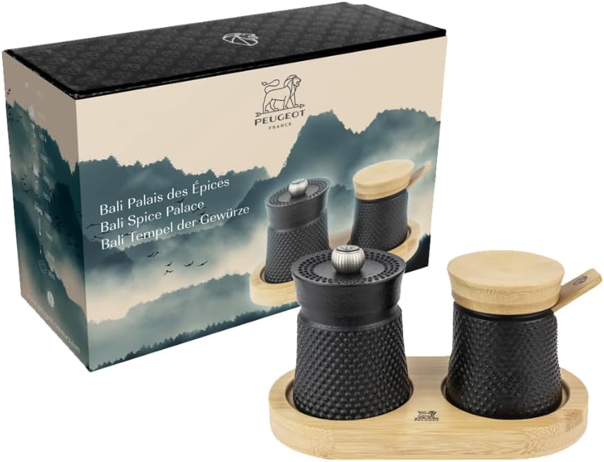 Peugeot Bali Gift Set Pepper Mill + Salt Mill 8cm Cast Iron w/tray. Pepper mechanism.Bamboo Storage base. Made in France