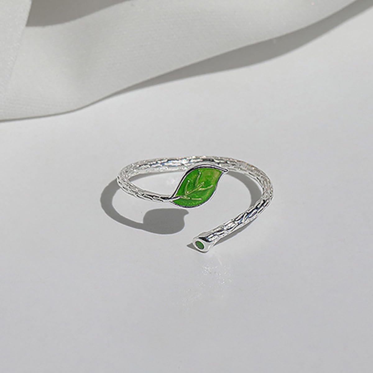 Enamel Green Leaf Branch Promise Ring for Women Silver Plated Engraved Leaves Stackable Open Band Finger Rings Adjustable Expandable Comfort Fit Minimalist Engagement Jewelry for Lover Wife - Image 5