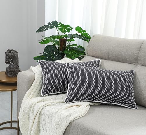 Image of mosey Cotton Cushion Cover 16 inch x 16 inch Set of2 | Boho Pillow Cover for Sofa 16x16 | 1616 Square Decorative Throw Pillows Cream 40cm x 40 cm Grey