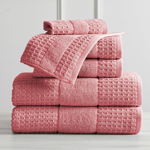 100% Cotton Super Soft Luxury Towel Set | Quick-Dry and Highly Absorbent | Waffle Textured | 550 GSM | 2 Bath Towels, 2 Hand Towels, & 2 Washcloths | Harper Collection (Rose)