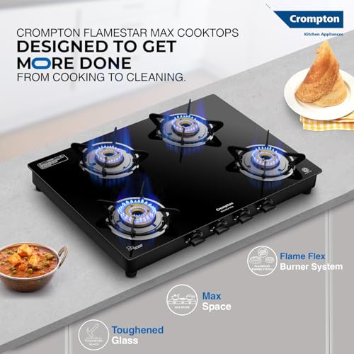 Crompton FlameStar Max 4 Burner Glass Top LPG Gas Stove | 1 Jumbo & 3 Medium Brass Burner | Max Space | Easy Cleaning | Toughened Glass| Tri Pin... - Image 3