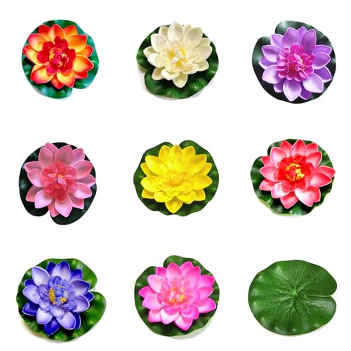AHEJIOO 13 Stück Schwimmende Künstliche Seerosen mit Realistischen Lotusblättern, 8 Farben, Durchmesser 10 cm – Seerosen künstlich, Seerose Miniteich für Aquarium, Garten & Teich