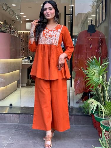 Image of Women's Rayon Kurti Set with Palazzo Pants | Embroidered V-Neck A-Line Short Kurti with 3 /4 Sleeves | Casual Ethnic Co-Ord Set for Daily Wear, Office & Festive