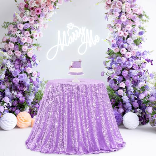 Image of B-COOL Round Sequin Tablecloth Party Decor: 120 Inch Table Cloth Lavender Glitter Fabric Overlay for Indoor Outdoor Dining Parties Home