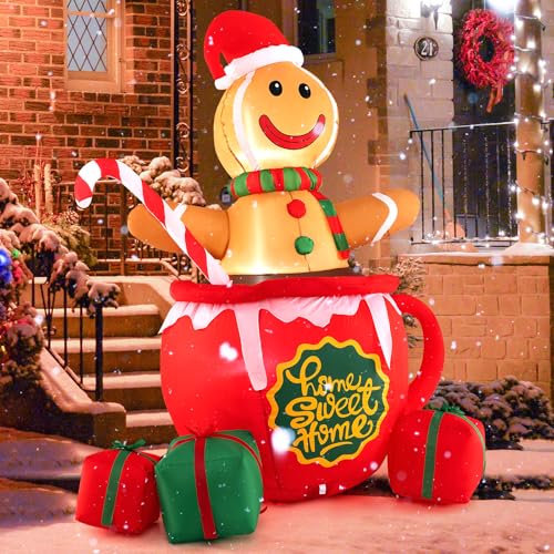 Goplus 7 Ft Christmas Inflatable, Blow up Pre-Lit Gingerbread Man in Mug with Gift Boxes & Candy Cane, Giant Cute Xmas Inflatables for Indoor/Outdoor, Lighted Christmas Yard Decorations for Party Lawn