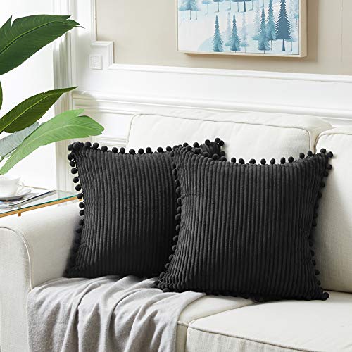 Fancy Homi Pack of 2 Black Decorative Throw Pillow Covers with Pom-poms, Soft Corduroy Solid Square Cushion Cases Set for Couch Sofa Bedroom Car Living Room (18x18 Inch/45x45 cm, Black)