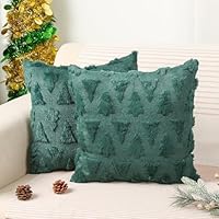 Christmas Tree Pillow Covers 18x18 inches Set of 2, Christmas Decorations Soft 3D Xmas Tree Shaped Plush Faux Fur Throw Pillow Case Christmas Decor Cushion Cases for Sofa, Living Room (Dark Green)