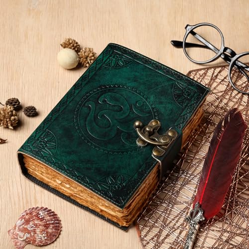 Journal intime en cuir gaufré OM, papier coton antique et serrure vintage
