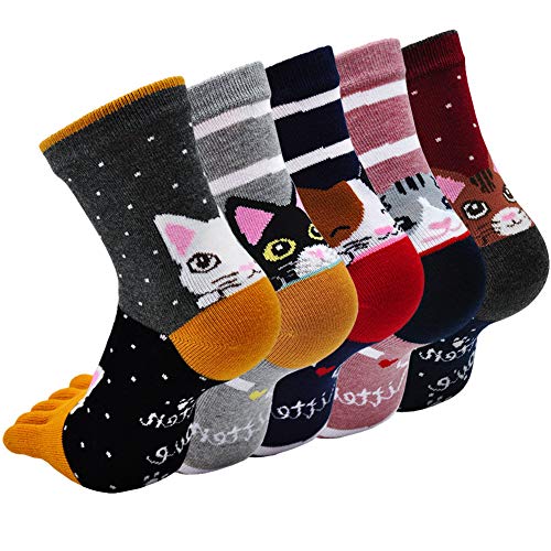 Image of ZAKASA Womens Toe Socks Funny Cat Dog Print Cotton Five Finger Socks Novelty Athletic Running Crew Ankle Socks Size 6-9