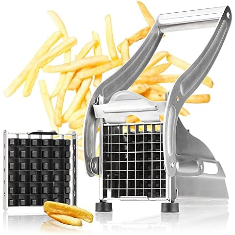 com-four® Pommesschneider - Pommes Frites Schnitzer aus Edelstahl - Kartoffelpresse mit 2 Schneideeinsätzen - Obst Cover