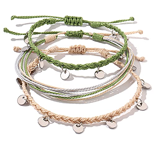 String Ankle Bracelets Waterproof Rope Anklets Braided Beach Boho Coin Anklets Cute Friendship Foot Jewelry for Women Teen Girls(Ivory/Olive)