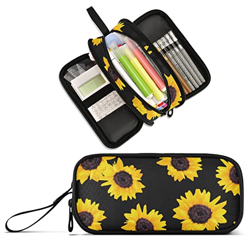 Image of Sunflower Large Capacity Pencil Case Pencil Pouch Pen Box | 3 Compartment Large Storage Pencil Bag for Adults School Office Teen Girl Boy Men Women