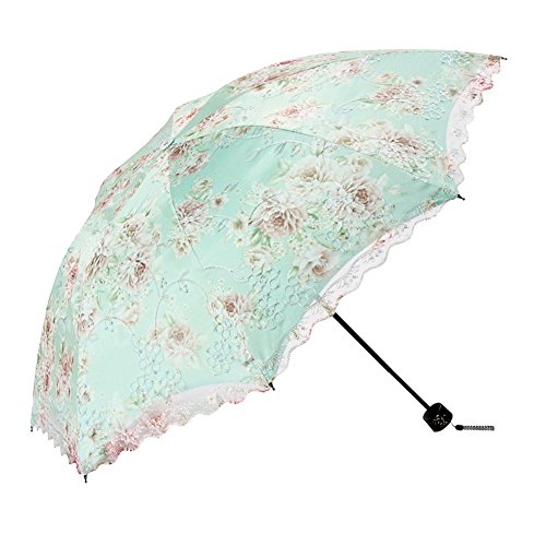 Honeystore Flower Print Vintage Parasol Anti-UV Folding Lace Embroidery Umbrella 3 Folding Green