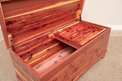 Image of Rustic Red Door Co. Cedar Hope Chest with Waterfall Top and Tray, Amish Made Wooden Storage Trunk Box for Bedroom, Blanket, Clothes, Anti-Slam Hinges and Lock, Cedar Wood, Natural Stain, 36 inch Long