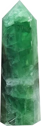 MOGEMT Torre de obelisco de fluorita verde natural, varita de cristal curativo, 6 puntos facetados, terapia de meditación para reiki chakras, 0.5-1