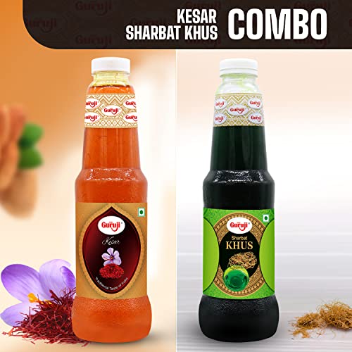 Image of Shree Guruji Kesar Sharbat & Khus Sharbat Combo Pack Beverage Instant Refreshing Syrup Mineral Rich Drink for Summer(1 Litre)