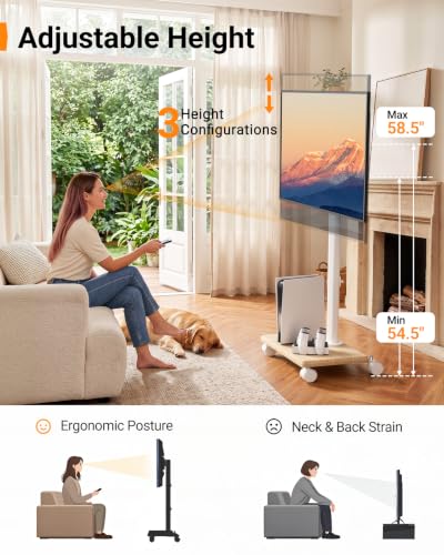 Image of Perlegear Rolling TV Stand with Wheels for 32-60 Inch TVs | Height Adjustable Mobile TV Cart , Tilt -10 to 5, 88lbs Capacity, VESA 100x100-400x400,Wood Base & Locking Wheels-White
