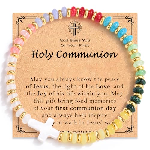 Image of First Communion Gifts for Girls, 1st Communion Colorful Cross Bracelet Christian Catholic Religious First Holy Communion Decorations for Daughter Granddaughter Niece Sister with Communion Card