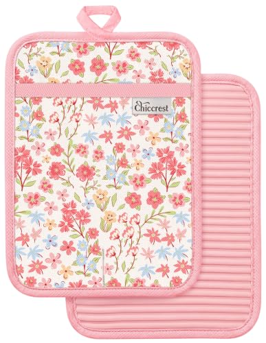 chiccrest 100% Thick Cotton Pot Holders Ribbed Soft Silicone Pink Flower