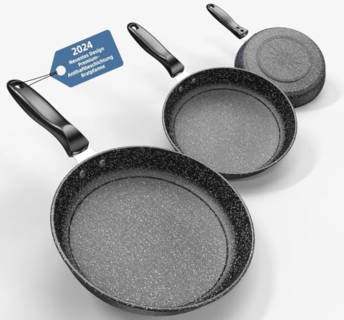 Pfannenset 3-teilig, 26cm+28cm+30cm Bratpfanne 3-teiliges Set zum Kochen, professionelle Bratpfannen mit Antihaftbeschichtung und kühl bleibendem Griff, PFAS-frei, spülmaschinenfest (XM5)