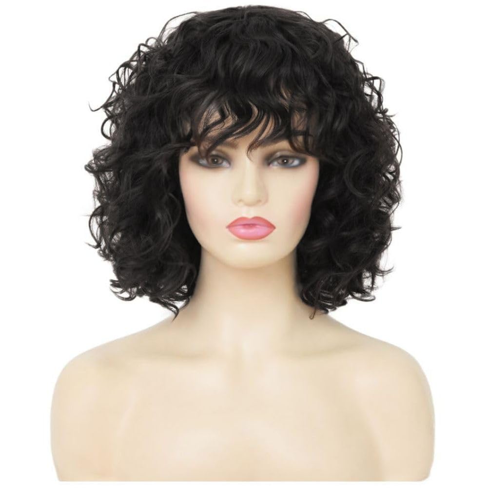 Siudus Black Short Curly Wigs for Women Bob Wig with Bangs Shoulder Length Synthetic Fibre Hair Wig for Daliy Party Cosplay Use - Image 2