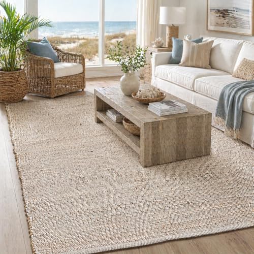 Chardin home 5x7 Jute Cotton Hand Woven Area Rug, Natural Jute/Cream Braided Boho Farmhouse Rug, Rustic Vintage Reversible Natural Fiber Rug for Living Room, Bedroom, Dining Room, Office, or Entryway