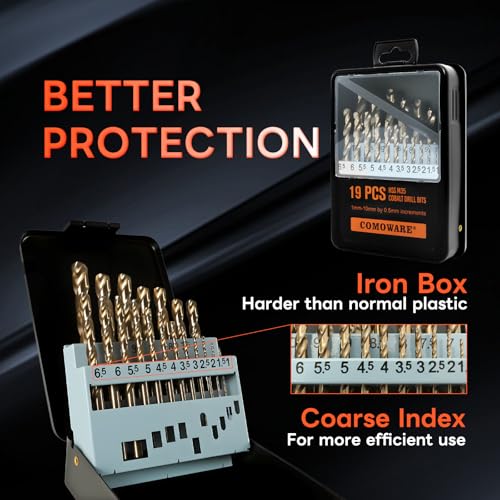 Image of COMOWARE Metal Drill Bit Set, 19 Pieces, HSS-E M35 1-10 mm Drill Bit Set, Spiral Drill Bit Set, Professional for Metal, Steel, Iron, Self-Centring for Metalworking Drill Accessories
