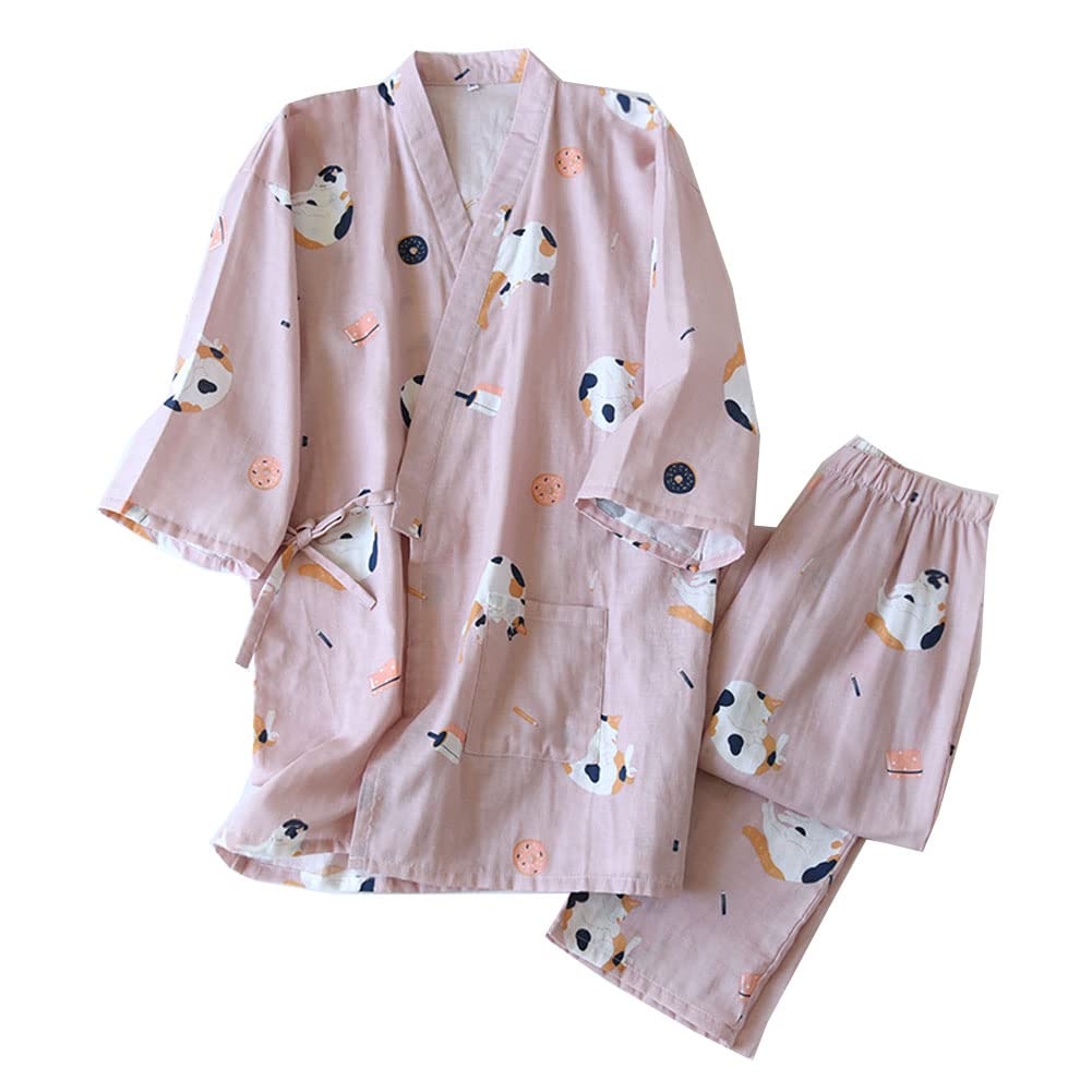 Thefancypumpkin Women's Color1091 Fancy Pumpkin Kimono Robe Yukata Bathrobe Pajamas Suit [Blue Cherry Blossoms]