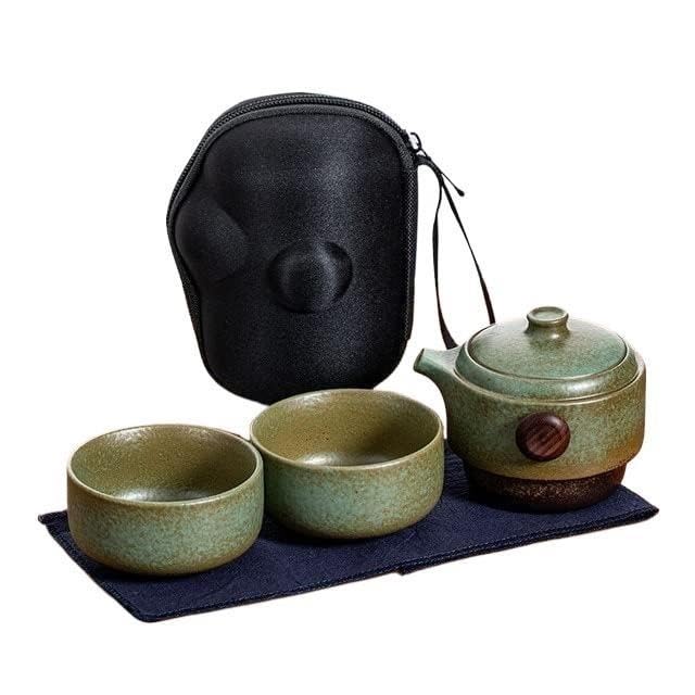Ceramiczny Zestaw Do Herbaty | Czarno-zielona podróż: chińska ceramika 1 garnek 2 filiżanki z torbą do przechowywania(Green)