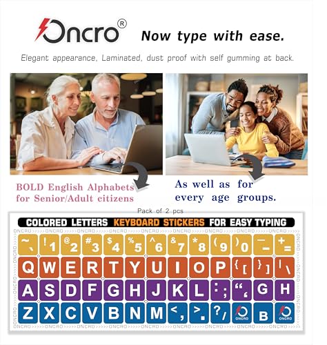 Image of Pack of 2, Large English Keyboard Stickers Big Letter Alphabet Typing US English Language Replacement Stickers for Laptop PC Desktop Computer Black Lettering Water Proof (Rainbow Theme)