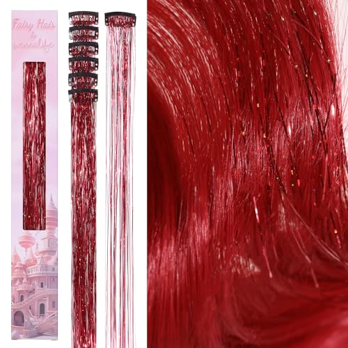 Image of WENNALIFE Hair Tinsel Clip In for Girls Red, 6pcs 24 inch Clips Tinsel Hair Extensions Clip in Colorful Glitter Clips Sparkle Fairy Hair Accessories for Kids
