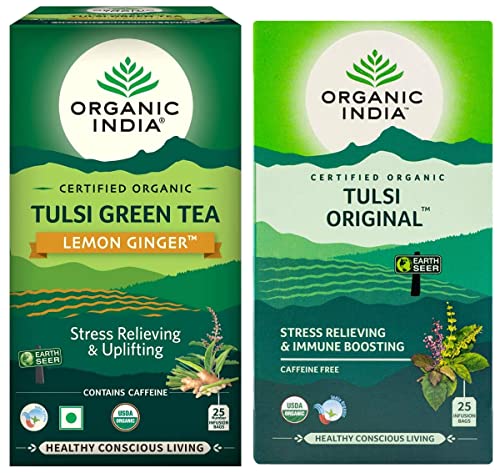 Image of Organic India Tulsi Green - 25 x 1.8g Tea Bags (Lemon Ginger) & Organic India Tulsi Original Tea, 25 Infusion Tea Bags