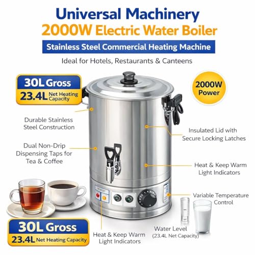 Image of 2000W Electric Water Boiler with 30L Gross 23.4L Net Heating Capacity | Stainless Steel Commercial Heating Machine for Hotel, Restaurant, & Canteens | Tea Coffee Milk Dispenser