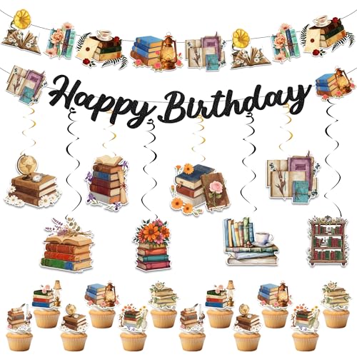 Book Themed Birthday Party Decorations - Happy Birthday Banner with Garland Book Cupcake Toppers and Hanging Swirls Decor for Book Lovers Teacher Librarian Library Party Supplies
